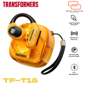 Transformers TF-T18 Open Ear Wireless Headphones Bluetooth 5.4 with 60H Playtime, Ergonomic Earhooks, HD Mic & AI Noise Cancellation, Water-Resistant Sports Earbuds Running, Cycling, Gaming, Music, Clear Calls, Lightweight Comfortable Open-Ear Earphones