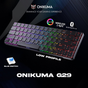ONIKUMA G29 69 Keys Low Profile Blue Switch Triple Mode Bluetooth 2.4ghz Wireless Mechanical Keyboard Wireless Ergonomic Backlit RBG Mechanical for Gaming LED flat low profile key cap detachable cable with type C